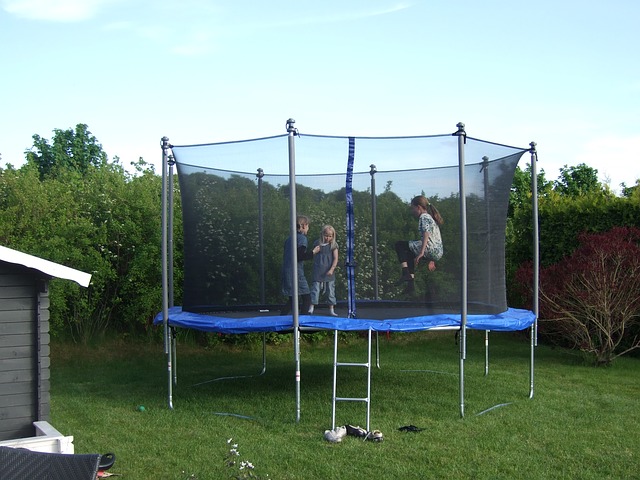 děti, trampolína, zahrada